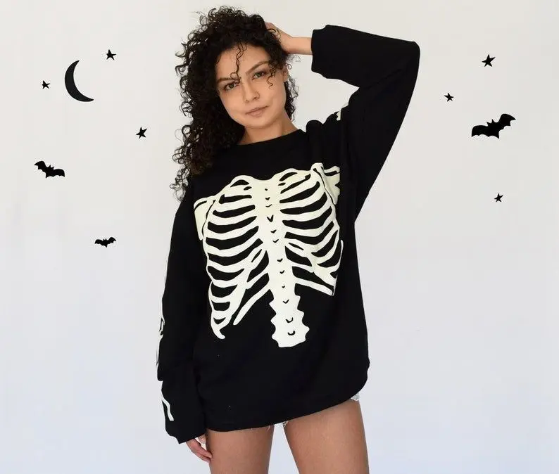 [Sale off up to 50%] SALE Halloween Sweatshirt Skeleton Sweatshirt Glow in the Dark Puff Print on Front and Back Oversized Sweatshirt Women's Men's Crewneck