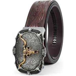 Mens Ratchet Western Belt Leather Cowboy Belts for Men with Automatic Western Buckle Belt for Jeans Christmas Gifts