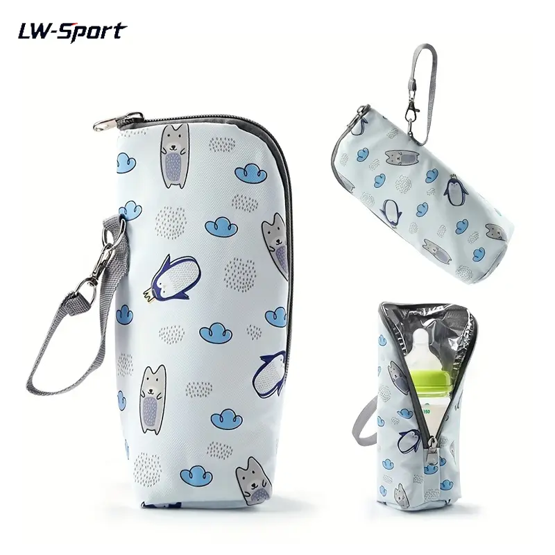 Cartoon Print Insulated Baby Bottle Bag with Carrying Strap, Thermal Single Bottle Cooler & Warmer Pouch with Aluminum Foil Lining, Portable Baby Bottle Holder for Travel Stroller Daycare Nursing Mom
