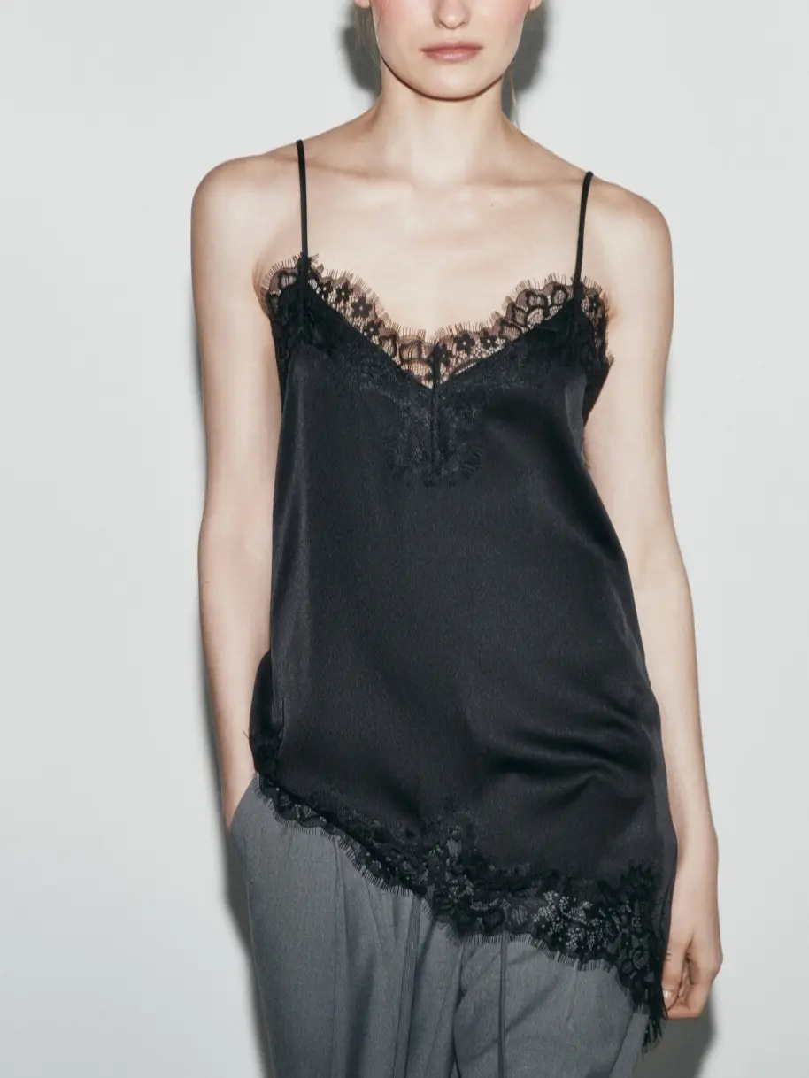 Women's Lacy Polyester Satin Camisole - Minimalist Asymmetrical Trim, Sleeveless V-Neck, Backless Spaghetti Strap Tops for Party, Chic Look