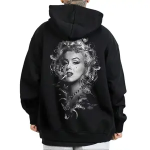 Women's Oversize David Gonzales Art Marilyn Monroe Print Hoodie Sweatshirt - Chicano Cholo Style, Cotton-Polyester Fabric, Loose Unisex Longsleeve Clothes, Digital Print, Comfortable Streetwear T-Shirt, Outdoor Easter Women's Clothes