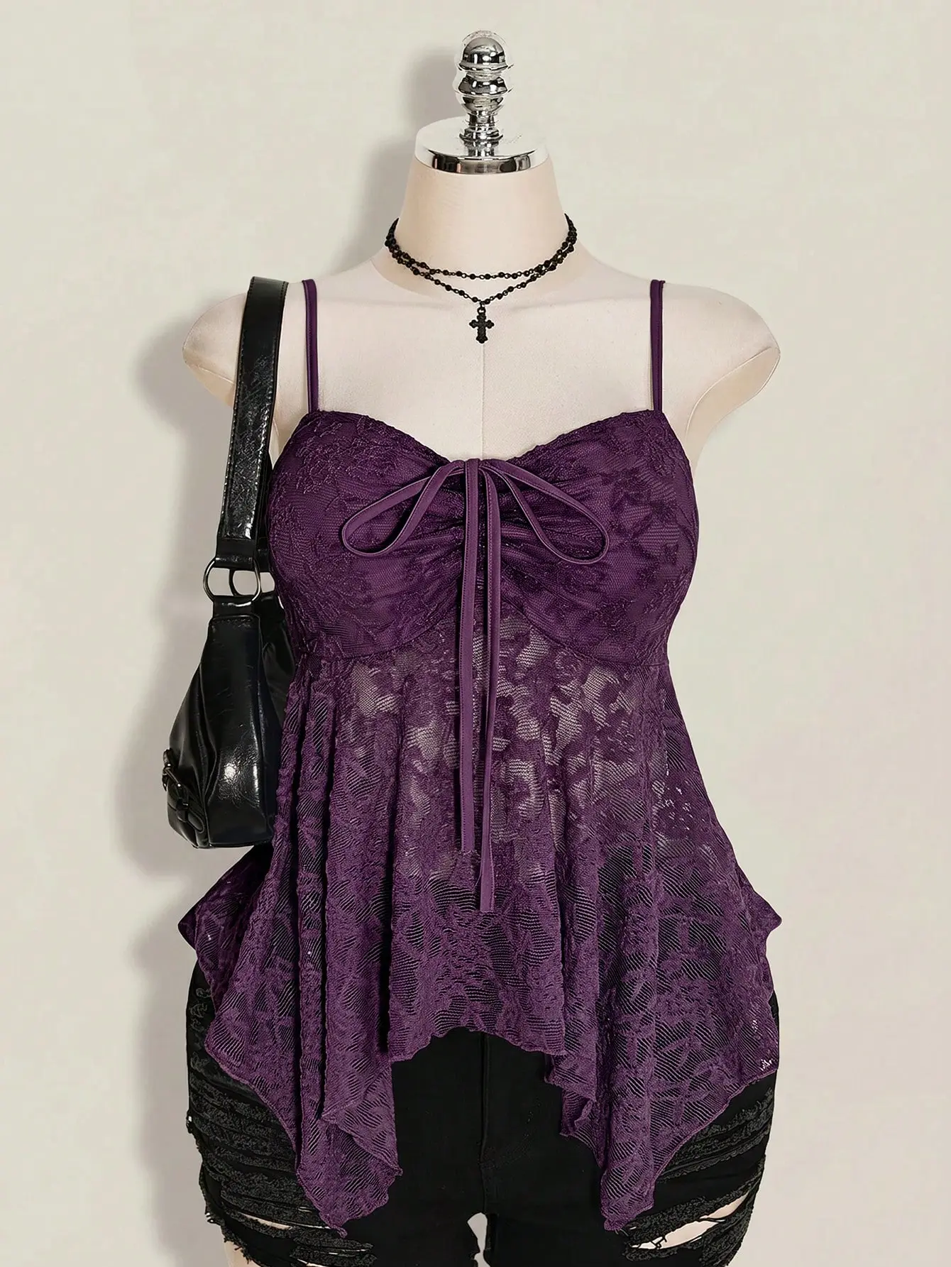 VYNCE Plus Size Camisole Top Knotted Lace Ruffle Asymmetrical Hem Casual Versatile Date Night Outfit Summer Fashion