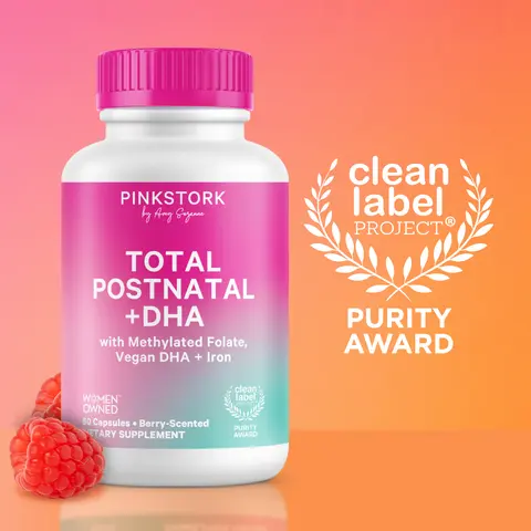 Pink Stork Total Postnatal Vitamins for Women | Clean Label Purity Award | Fourth Trimester Vitamins | No Fishy Burps | Breastfeeding Essentials | Methylated Folate, Vegan DHA, Iron | Month Supply Postpartum Dietary Supplement Multivitamin