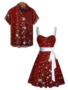 2024 Women's Christmas Snowflake Print Belted Mini Dress And Short Sleeve Button Up Dress Matching Outfit