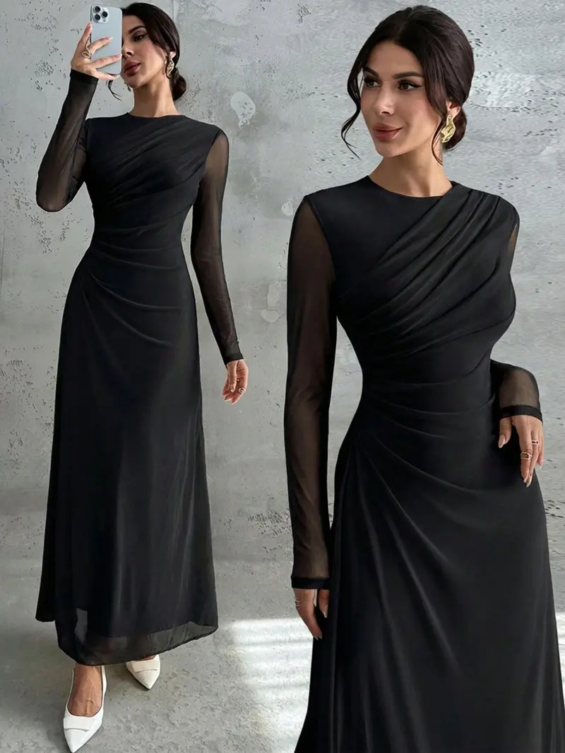 knee length dresses for ladies Long Beaded A-Line Formal Dress with Long Sleeves Black / 8
