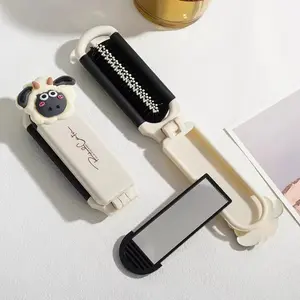 Foldable Air Cushion Hair Brush with Mirror – Mini Portable Massage Comb for Travel, Anti-static Hairbrush with Air Bag, Compact Mirror Comb for Women and Girls (Lamb Design)