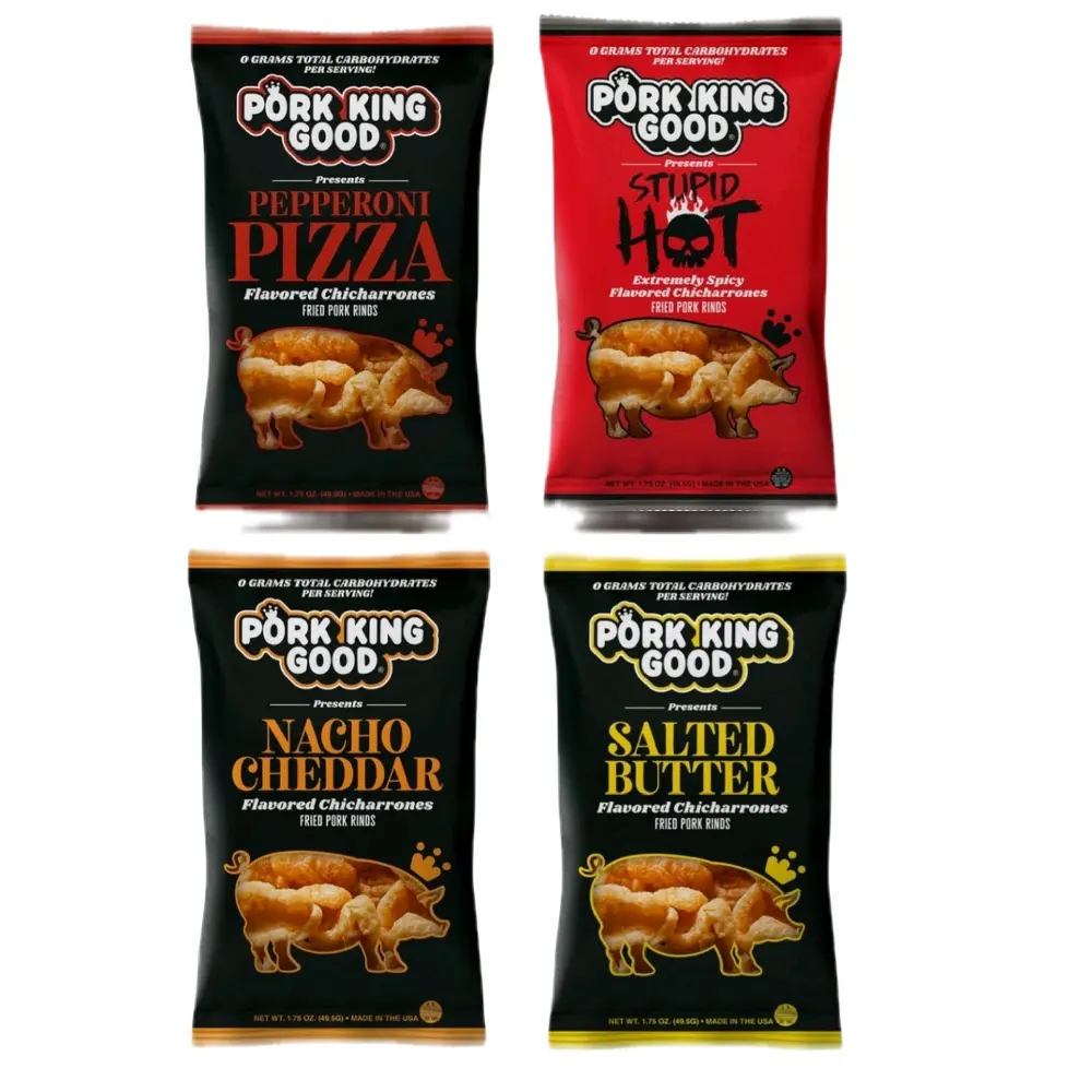 Pork King Good Flavored Chicarrones - Pepperoni Pizza, Stupid Hot, Nacho Cheddar, Salted Butter - 0g Total Carbohydrates per Serving 4-pack