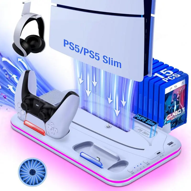 PS5 Stand with Cooling Station and Controller Charging Station for PlayStation 5 Slim Console, PS5 Controller Charger, Cooling Stand, Dynamic Lighting, Headset Holder for PlayStation 5 Accessories, White