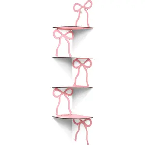 Kathfly 4 Tie Pink Bow Corner Shelf Wall Mounted Pink Floating Wood Corner Storage Shelves for Women Girls Decorative Cute Coquettish Wall Decor for Bedroom Living Room Bathroom Kitchen Office