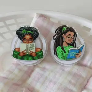 St. Patrick’s Day Black Girl Reading Phone Grip, Lucky Melanin Book Lover Design, St. Patrick Day Pop Socket, Cute Gift For Readers Women
