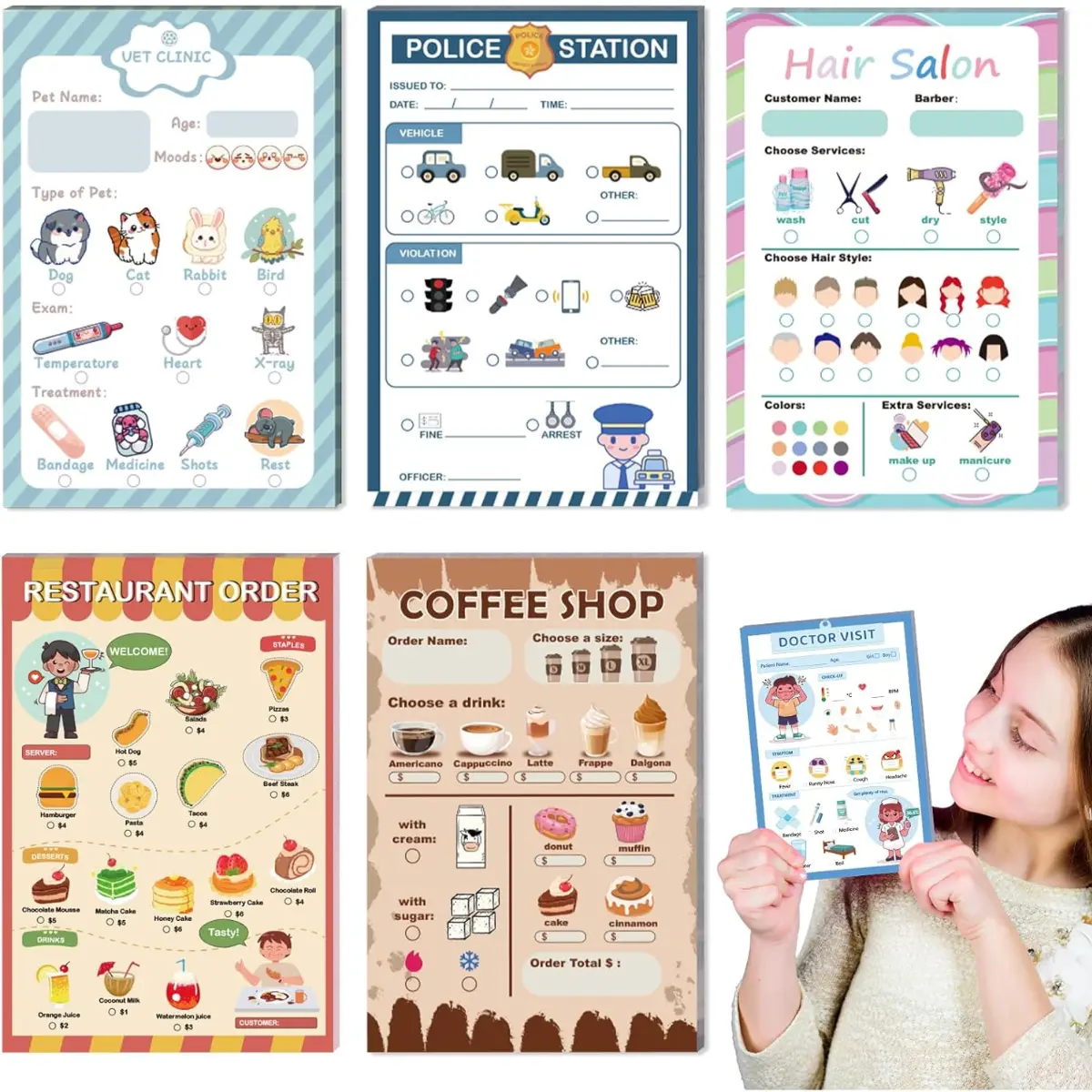 6 Theme Pretend Play Notepads for Kids, 4x6 Role Play Activity Pads