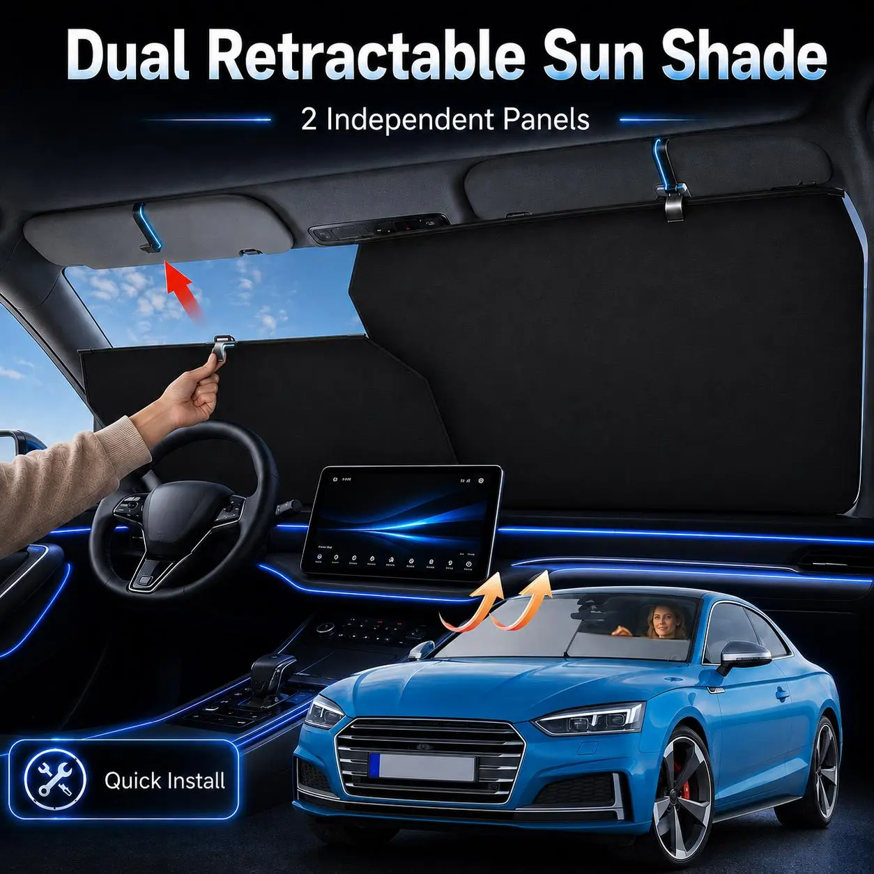 EURVET 2026 Windshield Sun Shade - Adjustable Auto Retractable UV & Heat Protection Easy to Use Universal Fit for  Camping Outdoor Daily Parking Cool Reflective Sun Blocker windshieldcover car life saver foldable front window keep vehicle