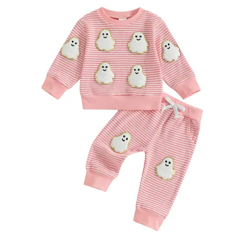 REDWOON Toddler Baby Boy Girl Halloween Outfit Ghost Pumpkin Print Waffle Long Sleeve Sweatshirt Pants Fall Winter Clothes