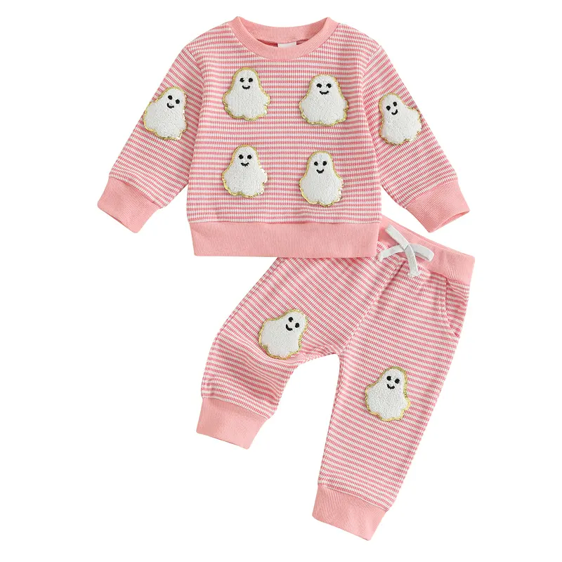 REDWOON Toddler Baby Boy Girl Halloween Outfit Ghost Pumpkin Print Waffle Long Sleeve Sweatshirt Pants Fall Winter Clothes