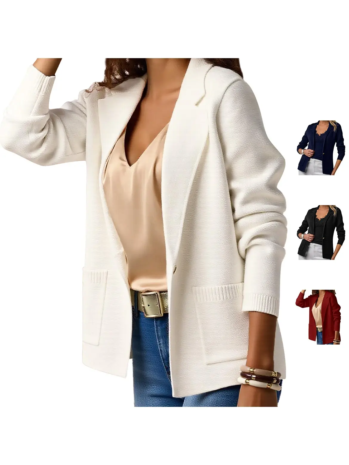 FISOEW Women's Casual Sweater Blazers Open Front Long Sleeve Work Office Suit Knit Jackets Blazer FallFreshness Slim Fit Soft Knit Fabrics with Pockets