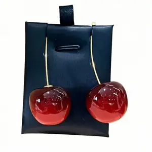 Women's Gold-Tone T-Bar Stud Dangle Earrings, Glossy Red Cherry Drop Design, Lightweight Costume Jewelry Gift
