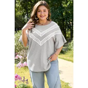 Light Grey Lace Insert Waffle Ruffle Short Sleeve Plus Size Top