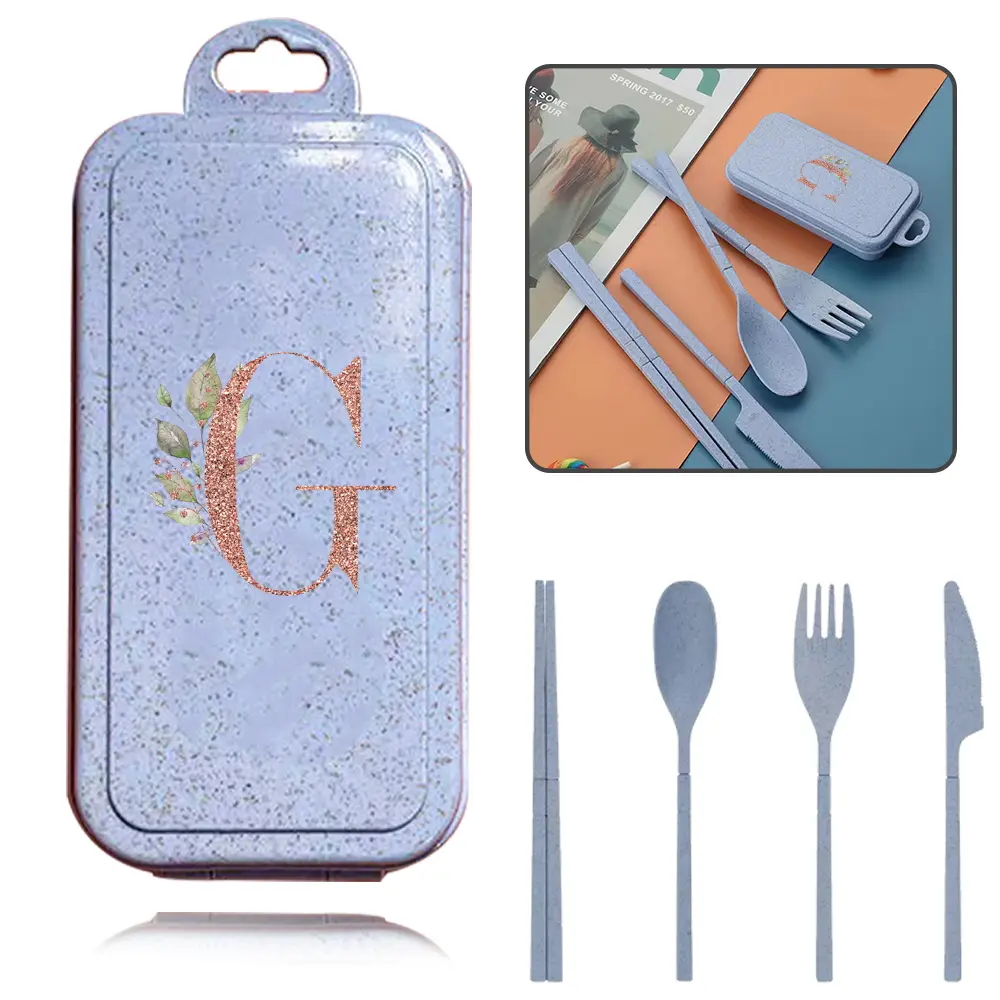 4pcs Multi-Functional Cutlery Set with Case, Detachable Wheat Straw Tableware Kit with Fold Spoon Fork Knife and Chopsticks, Outdoor Family Dining Tools Home Use Kitchen Accessories, Initial Name Rose Gold 26 Letters Pattern