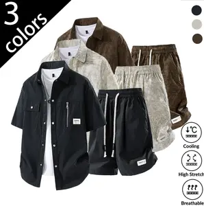 2026 Summer Men Detroit 2-Piece Shirt & Shorts Set, American Retro Clean Fit Tie Dye Workwear, Loose Casual Fashion Cargo Outfit, Trendy Streetwear Soft Breathable Fabric, Daily Outdoor Holiday All-match Two Piece Tracksuit for Men Summer Shorts