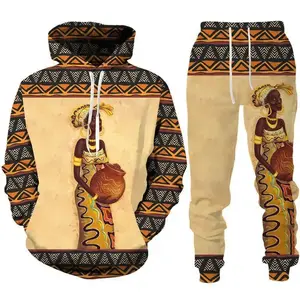 Men’s European/American/African ethnic culture 3D digital-print hooded sweatshirt and pants set
