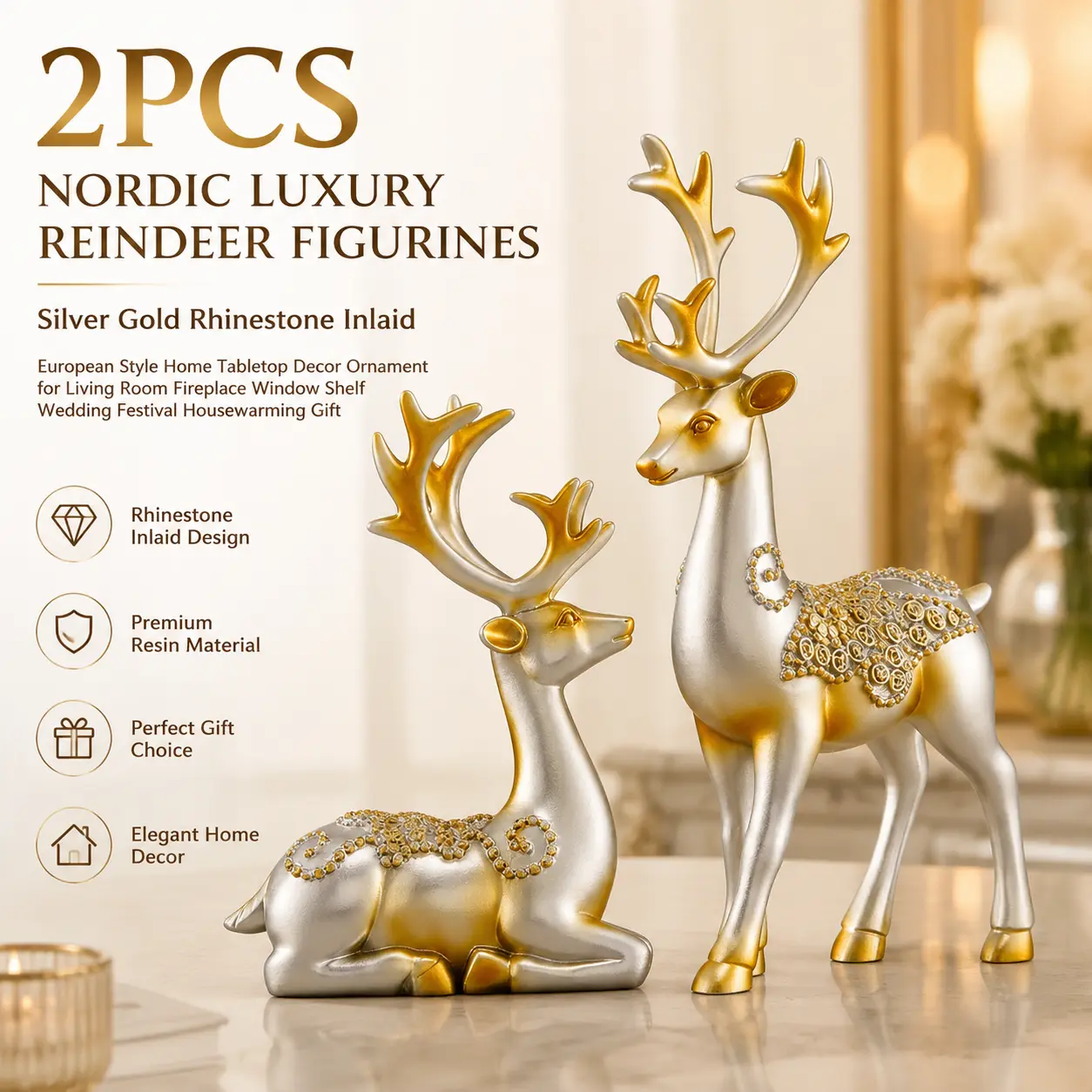 2pcs Nordic Luxury Reindeer Figurines, Silver Gold Rhinestone Inlaid,european Style Home Tabletop Decor Ornament For Living Room Fireplace Window Shelf Wedding Festival Housewarming Gift