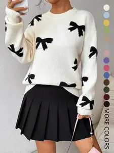 Fashion Bow Print Casual Loose Knitted Sweater Pullover Autumn/Winter Women Pullovers New Full Sleeve Knitwear