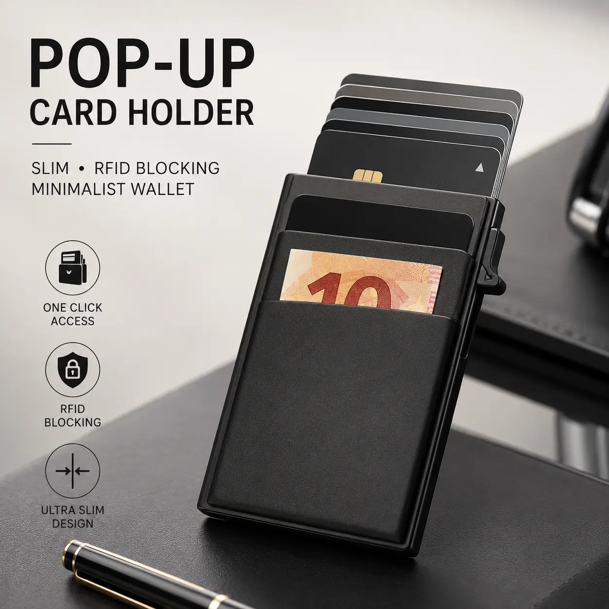 Pop Up Card Holder Wallet, Slim Minimalist Card Wallet with Cash Pocket, One Click Card Case Holds Up to 6 Cards, Front Pocket Wallet for Men & Women
