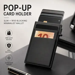 Pop Up Card Holder Wallet, Slim Minimalist Card Wallet with Cash Pocket, One Click Card Case Holds Up to 6 Cards, Front Pocket Wallet for Men & Women