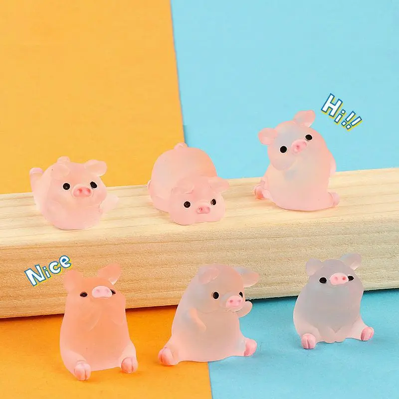2026 New 6pcs/set Luminous Mini Resin Pig Car Dashboard Toys Dolls Figures Home Garden Decoration Cartoon Color Cute Car Ornaments Gifts