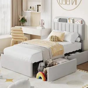 Twin Bed Frame for Kids, Boucle Upholstered Platform Bed for Girls with 2 Flexible Drawers,Bookcase Headboard,Easy Assembly,No Box Spring Needed,Gray