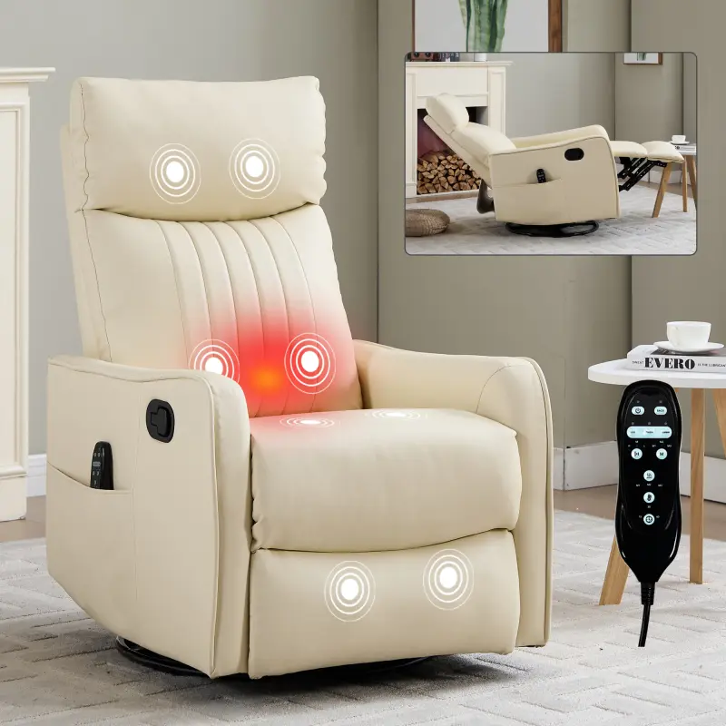 Swivel Rocker Recliner Chair, 360° Swivel Recliner with Heat and Massage, Rocker Recliner Nursery Glider Chair with Side Pockets for Living Room,Faux Leather Chair