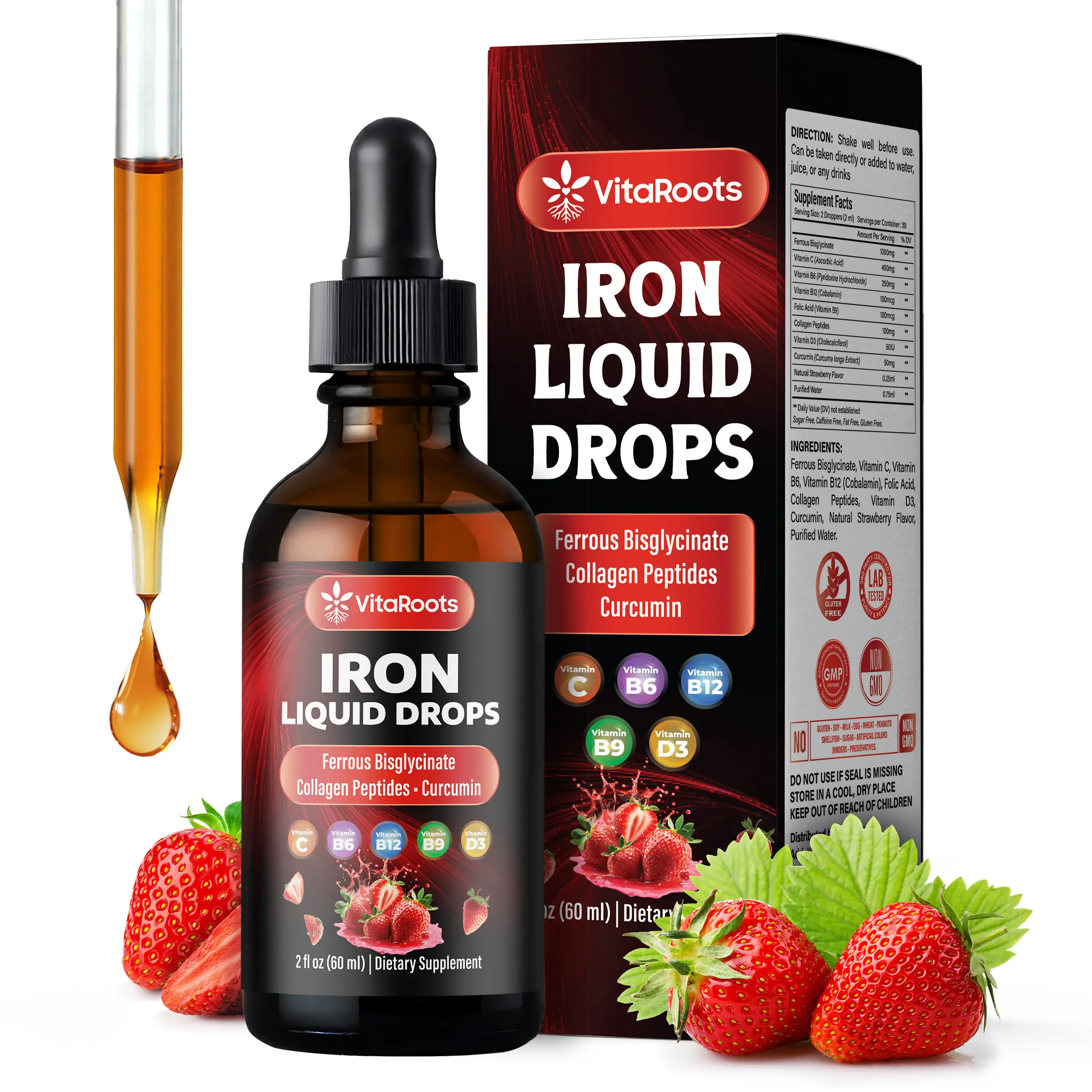 Liquid Iron Drops – Daily Nutrient Blend with Vitamin C, B6, B12, Folic Acid & Collagen Natural Strawberry Flavor | 2 fl oz