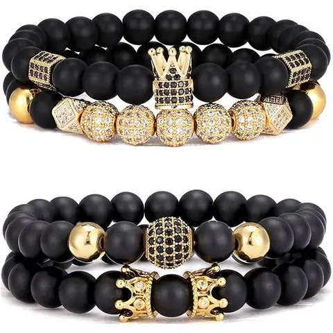 4Pcs 8mm Black Matte Beaded Bracelets for Men, Gold Crown CZ Pave Stretch Bracelet Set, Stackable Statement Jewelry Gift