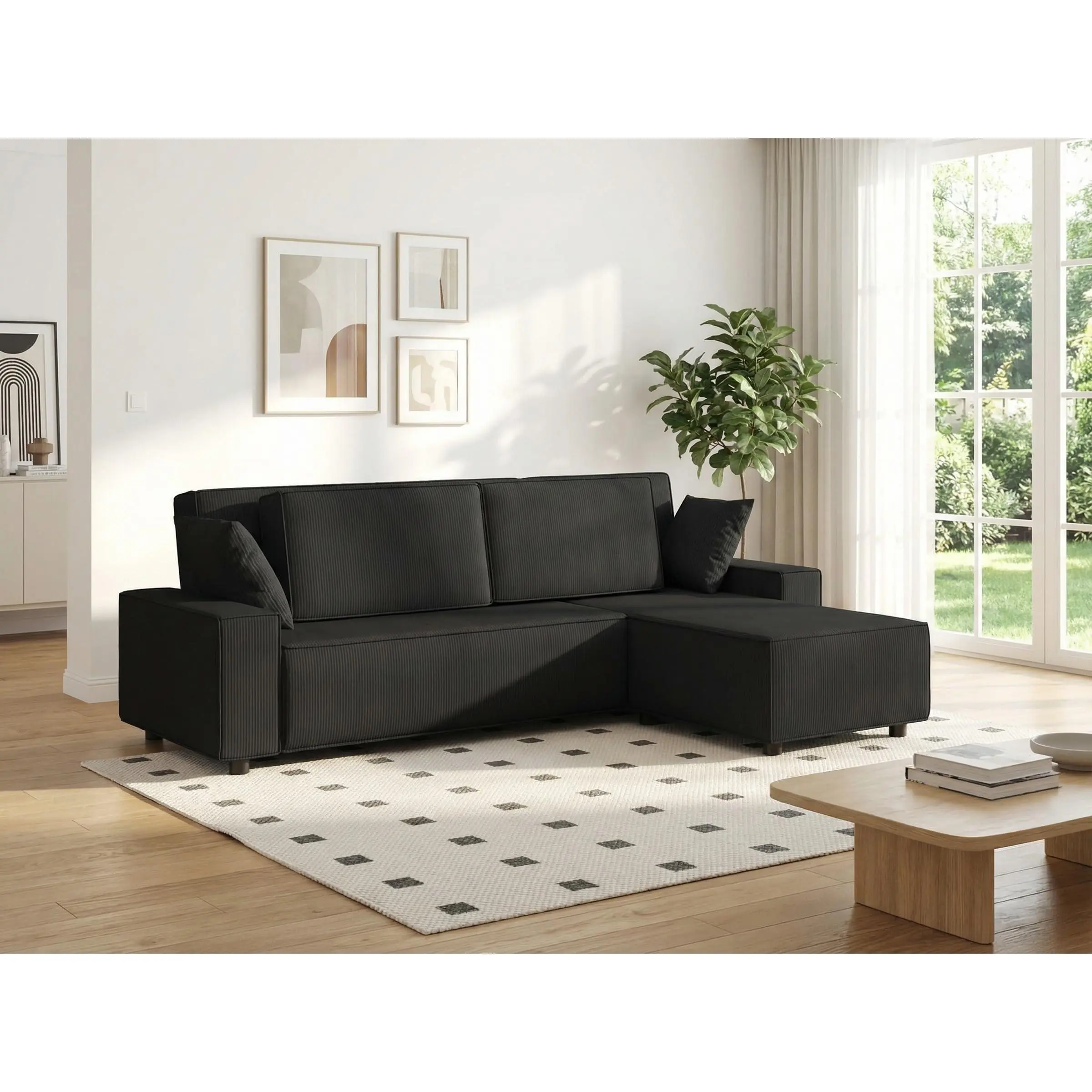Garvee 96 Inch Extra Large Sectional Sofa with Striped Corduroy Upholstery L Shaped Contemporary Couch Deep Seating Comfortable for Living Rooms Apartments Malls in Black Dark Grey Beige