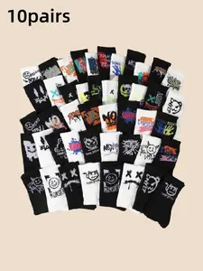 10 Pairs Unisex Graffiti Letter Graphic Sweat-Wicking Mid-Calf Socks, Casual Sports Style, Random Color Match, All Seasons Fitted Socks