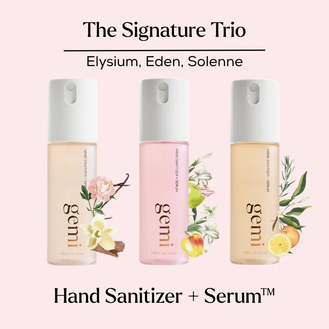 The Signature Trio Hand Sanitizer | Elysium, Eden & Solenne | gemi beauty | Hand Sanitizer + Serum | Hydrating K-Beauty Formula with Centella, Vitamin B5 & Green Tea | Kills 99.9% of Germs | Fresh Aromatic Scent