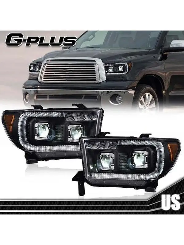 G-PLUS Dual LED Projector Headlight Replacement Pair Set - Vehicle-Specific Fit for 2007-2013 Toyota Tundra, 2008-2017 Sequoia, Black, UV-Coated, DOT SAE Certified, ISO 9001:2000 Manufactured, Direct Fit Car Exterior Upgrade Lamps, Led Headlights Lamps, D