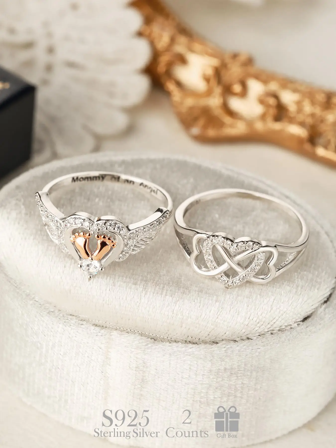 S925 Sterling Silver Fashion Heart & Angel Wing Design Ring & Pendant Necklace, Fashion Jewelry for Party, Daily Decor, Trendy All-match & Exquisite J