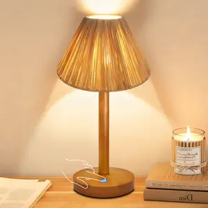 Room Decor Bedside Table Lamp with USB Charging, Cordless Design, Wooden Base & Handwoven Raffia Lampshade, Three-Level Touch Dimmer, Ideal for Living Room, Bedroom, Desk, Reading, Office Desk
