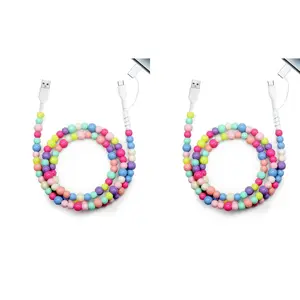 2 PCS 2-in-1 Charging Cable Compatible with All Devices USB-C, Lightning, Micro USB & USB-A Durable 3.3Ft Colorful Beaded Cord for Fast Charging & Data Transfer