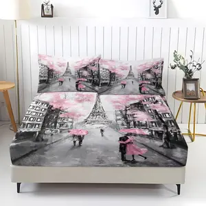 3Pcs Romantic Lover Fitted Sheet Set, Black and White Cityscape with  Tower Design Bedding Set, Adorned with Cherry Blossom Accents, Soft and Cozy Luxury Bedding for Dreamy Bedroom Decor.Includes 2 pillowcases (pillow inserts not included).