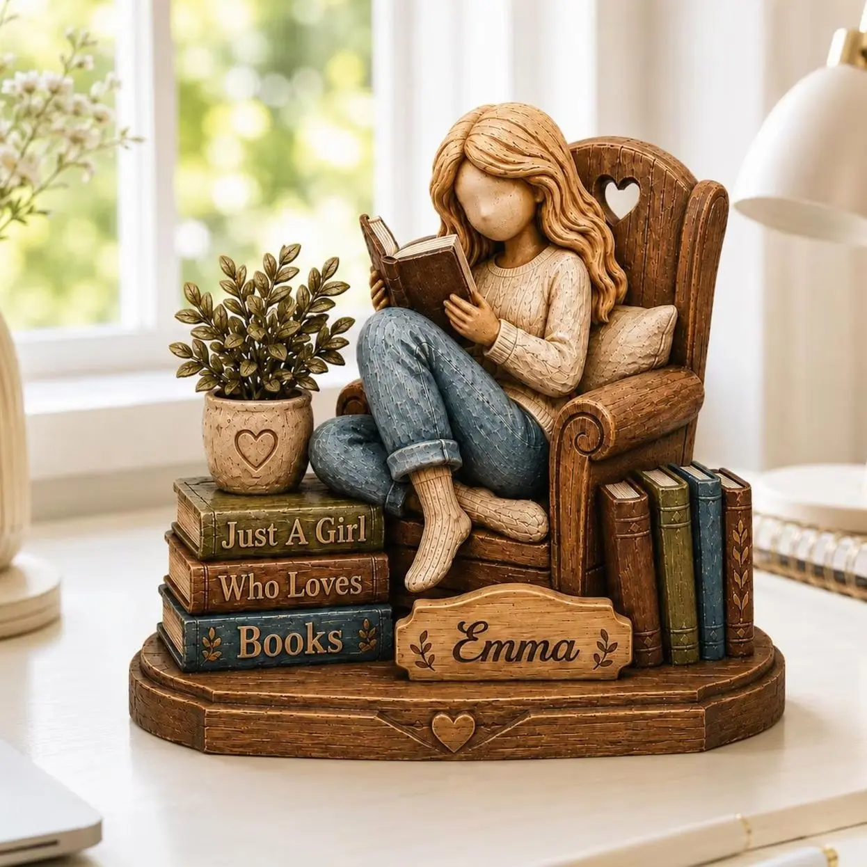 Personalized Book Lover Wooden Figurine, Custom Name Reading Girl Desk Decor, Bookshelf Decor, Gift for Reader Women