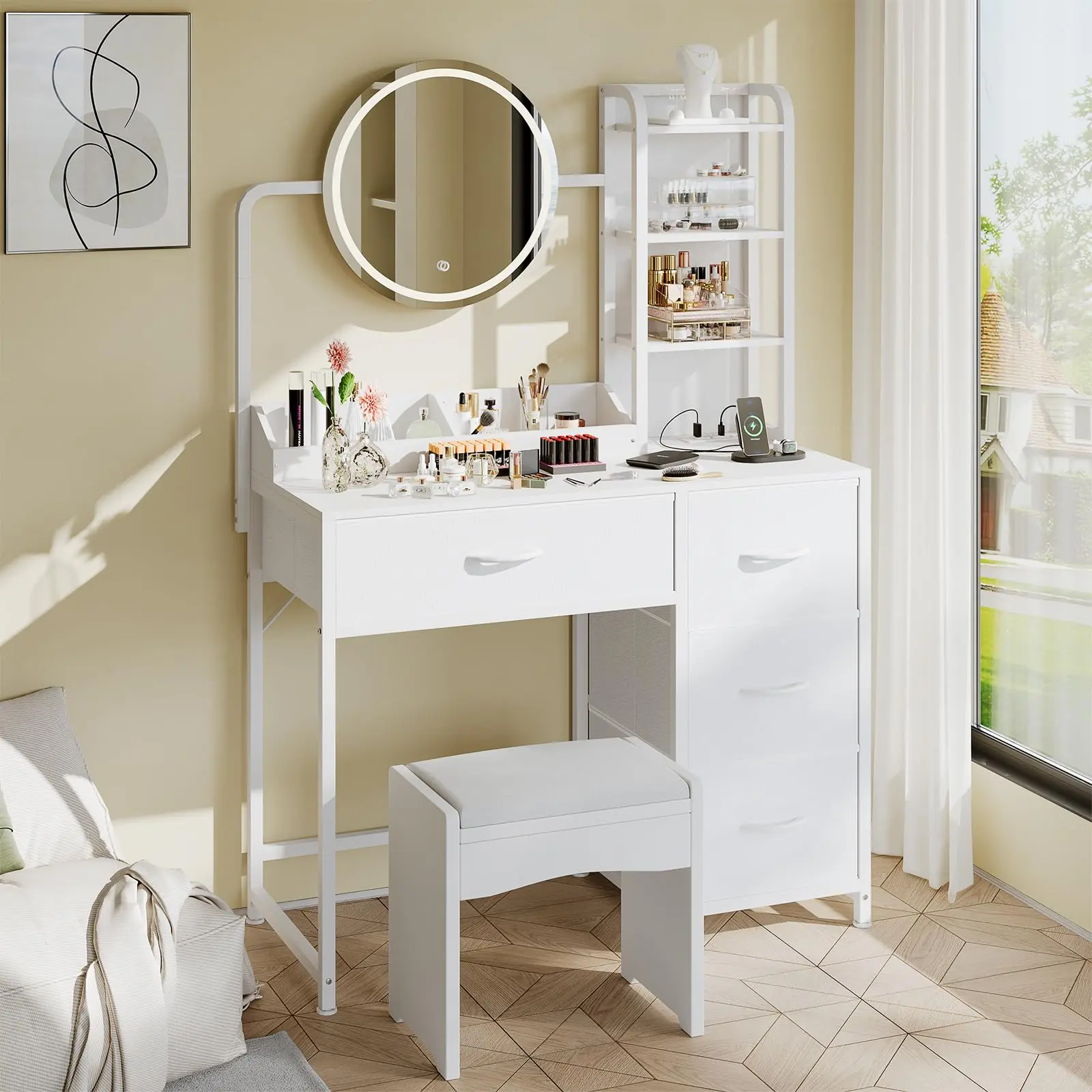 Lighted Vanity Desk with Power Outlet – Small Makeup Table with Round Mirror, 4 Fabric Drawers & 3 Shelves, Modern Dressing Station for Bedroom