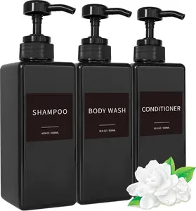 Empty Pump Bottle Set with Waterproof Labels for Bathroom Organization, Refillable Dispensers for Liquid Soap and Hair Care, Sleek Shower Storage Solution, Black, Set of 3, 16.9 oz Each