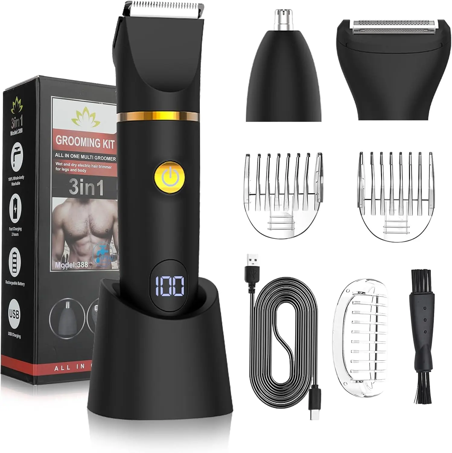 Beard Trimmer for Men, IPX6 Waterproof Body Hair Trimmer Electric Razor Shaver Body Grooming Kit Wet/Dry Use for Groin, Nose, Ear Hairs, Beard, Legs, Chest (Black)