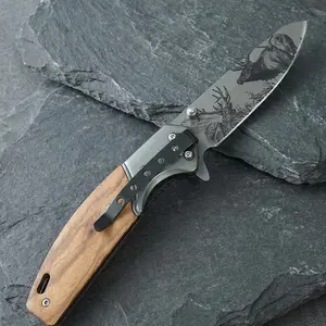 remium Wood Handle Folding Pocket Knife with Deer Engraving - Stainless Steel Blade for Camping, Hiking & Outdoor BBQ - Unique Gift for Men