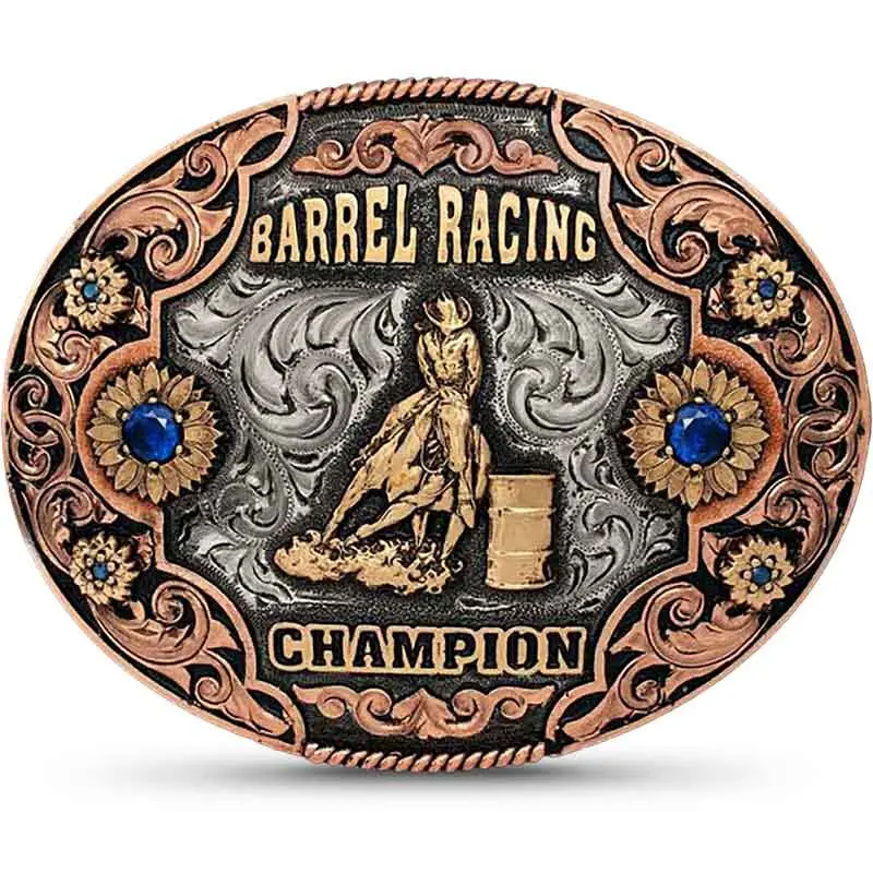 Barrel Racing Champion Belt Buckle  Hand Engraved German Silver, Bronze Copper Scrolls, 2 Blue Stones, Barrel Racer Figure, Western Style