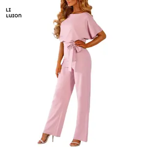 #Springtok Women Jumpsuit, Elegant Short Sleeve Hollowed Waist Tie Solid Summer Wide Leg Pants fof Work Office Womenwear