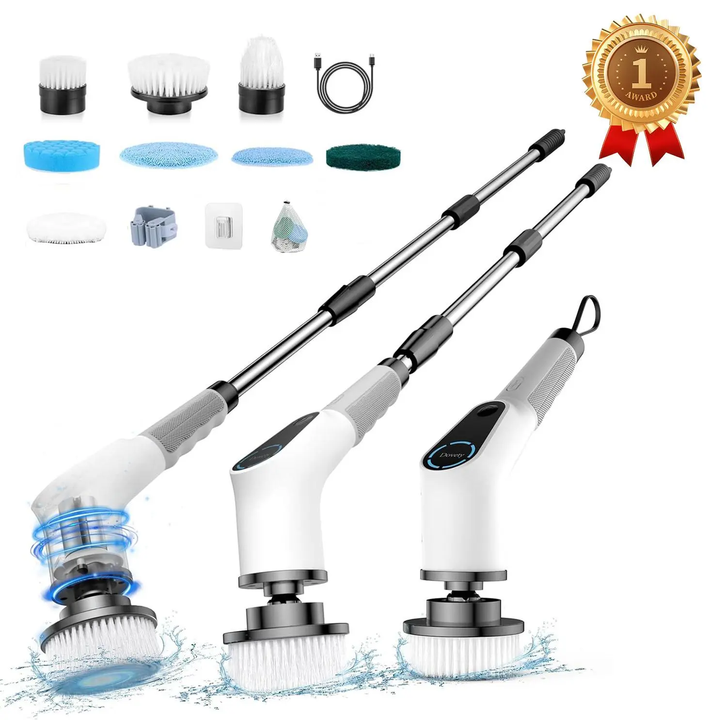 Dovety PowerSpin Electric Scrubber, Cordless Shower Scrubber, Cleaning Brush, with 8 Replaceable Brush Heads and 3 Adjustable Extension Handle, 2 Adjustable Speeds for Bathroom, Kitchen, Tub, Tile, Floor, Toilet, Household Cleaning Supplies