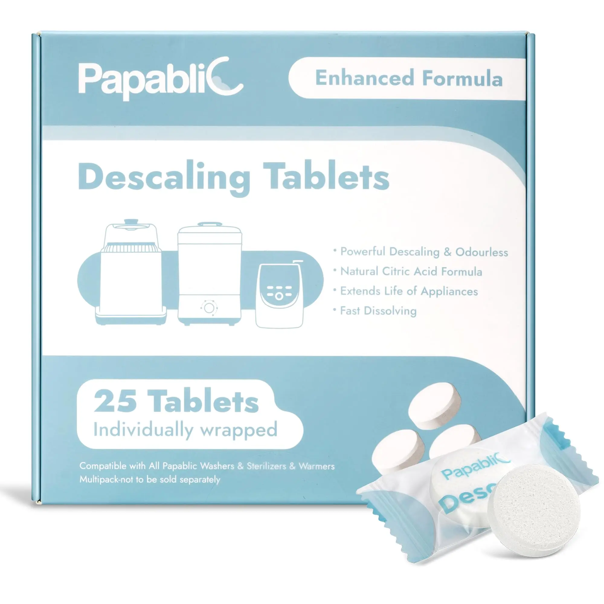 Papablic Natural Citric Acid Descaling Tablets, 25-Count Powerful Cleaner for Baby Bottle Washers, Warmers & Sterilizers - Prevents Clogs, Corrosion & Mineral Buildup, Compatible with Baby Brezza & Momcozy